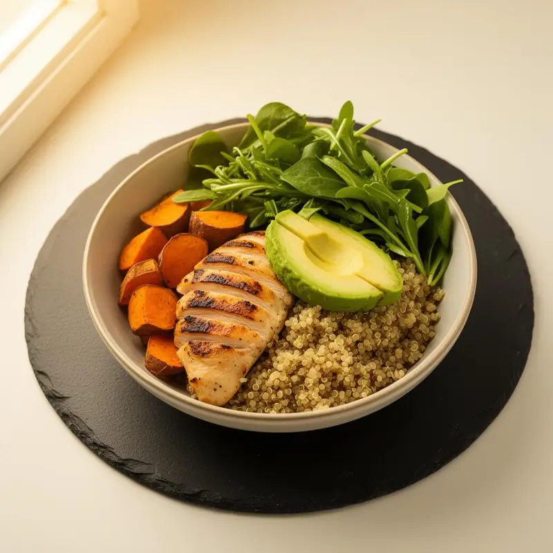 Bowl saludable de pollo, quinoa y vegetales